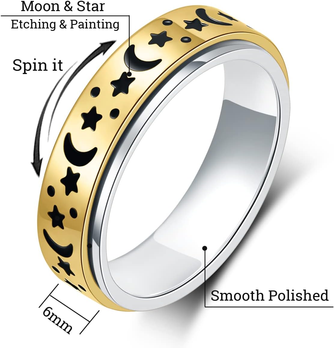 OreilleStar Anxiety Ring for Women Fidget Ring Stainless Steel Fidget Toys Adults Spinner Rings Silver Moon Star Fidget Rings