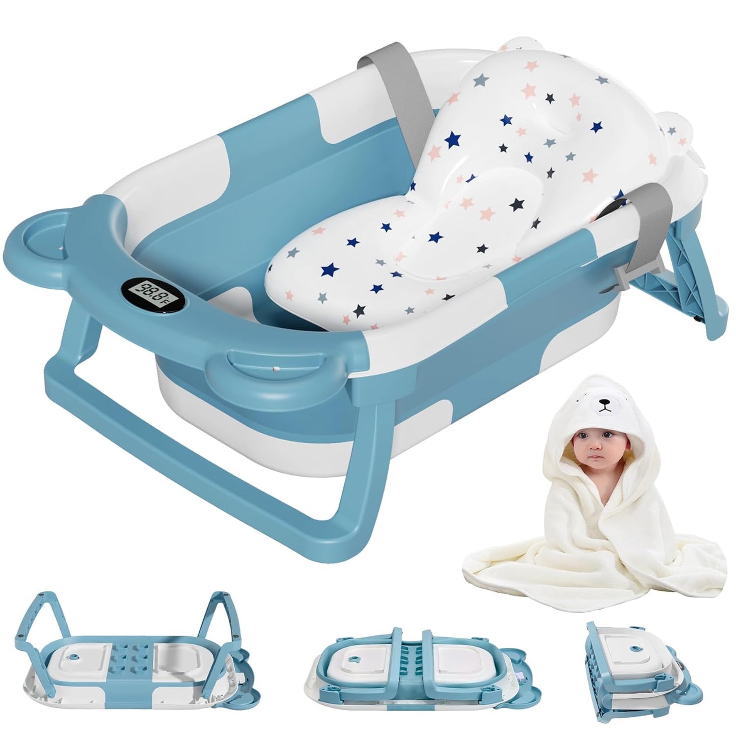 MoreFeel Collapsible Baby Bathtub for Newborn with Thermometer & 1 Hooded Towel & 1 Soft Floating Cushion,Portable Travel Bathtub with Drain Hole, Durable Foldable Baby Tubs for Infants to Toddler