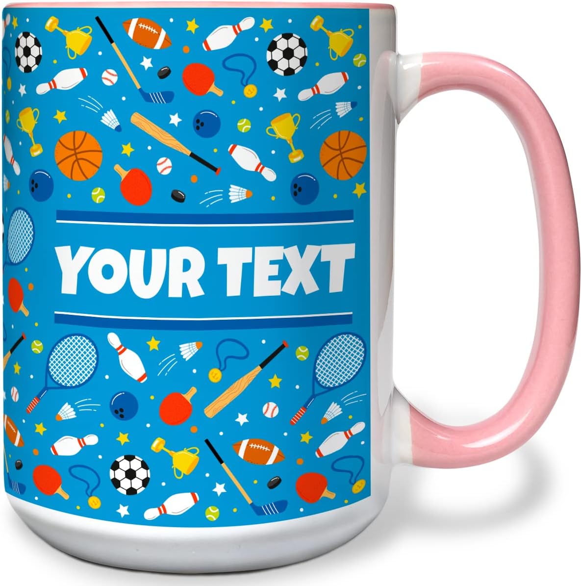 Personalized Mug for Kids - Sports - Custom Name/Text, Ceramic Hot Chocolate/Cocoa/Coffee Cup for Boys/Girls, Birthday/Christmas/Holiday Gift - 15 oz, Pink Handle