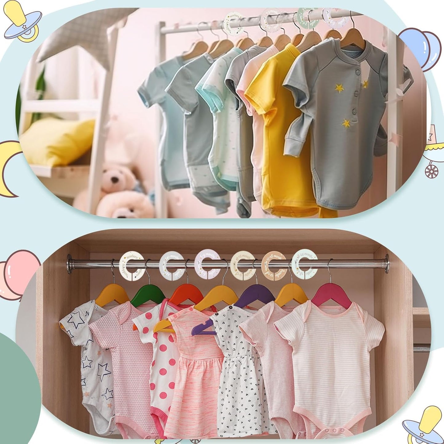 8 Pcs Baby Closet Dividers Unisex Baby Clothes Organizers Clear Labels for Nursery Closet Organizer & Decor Nursery Fits Most Rods(Donut,Light Color)