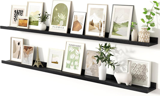 Fun Memories Black Long Picture Shelves 72 Inch, Solid Wood Floating Shelves Photo Shelf with Lip, Large Wall Mounted Display Shelves for Living Room, Bedroom, Kitchen