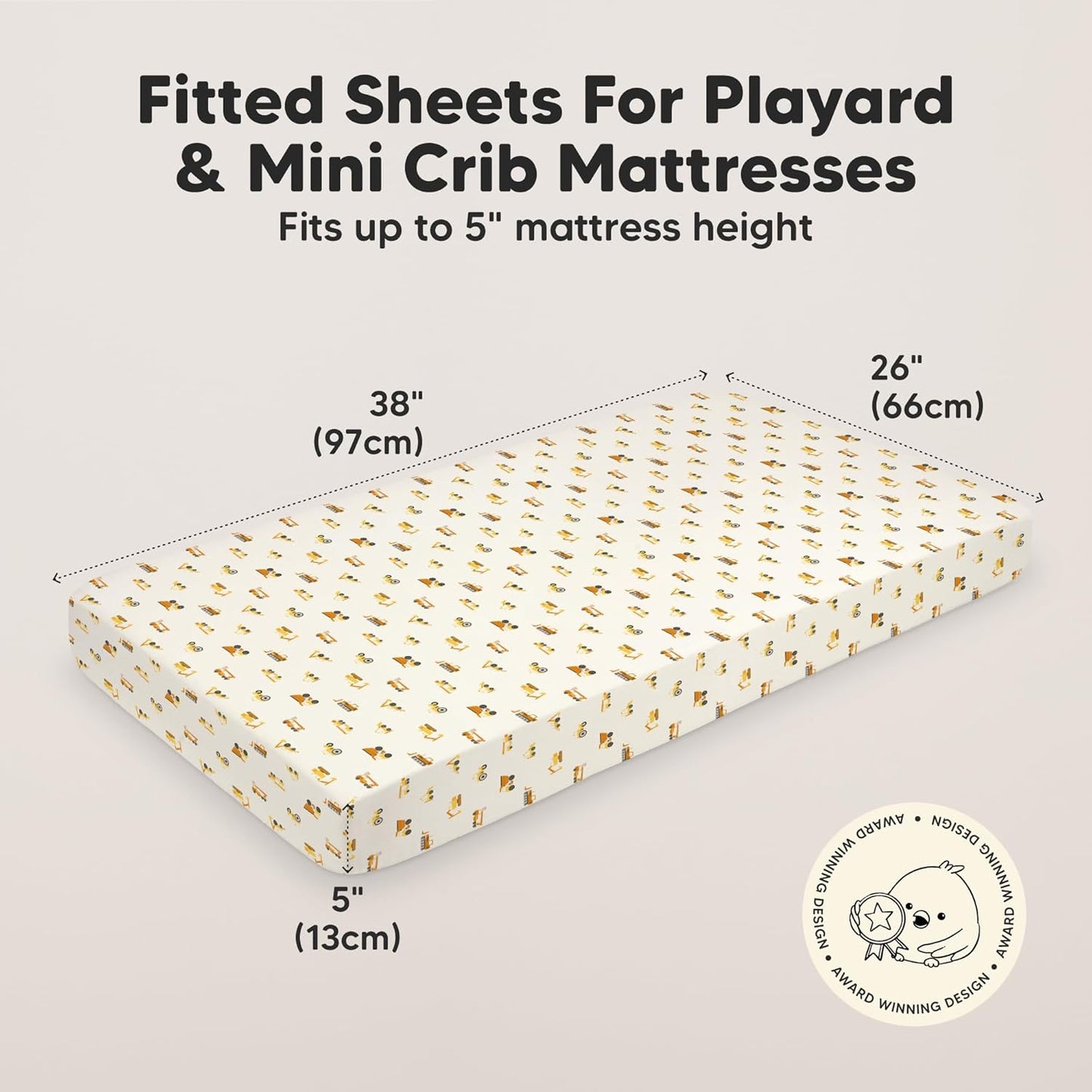 2-Pack Mini Crib Sheets Fitted - 38x26 Pack N Play Sheets for Pack and Play Mattress, Organic Cotton, Soft & Breathable Playard Bedding, Neutral Mini Toddler Bed Cover for Boys, Girls (Construction)