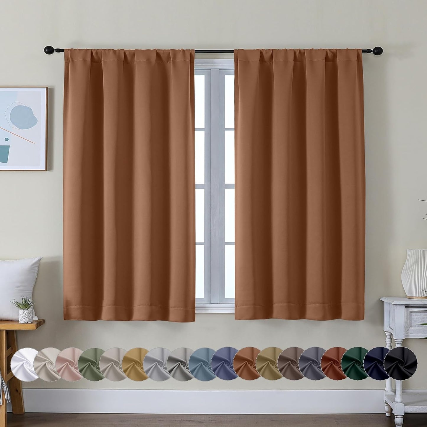 Simplebrand Ava Sun Baked Short Blackout Curtains for Bedroom 45 Inches Long 2 Panels Set, Solid Thermal Insulated, Energy Saving Window Treatment Curtains Blackout Drapes, W40 x L45 Inch, Sun Baked