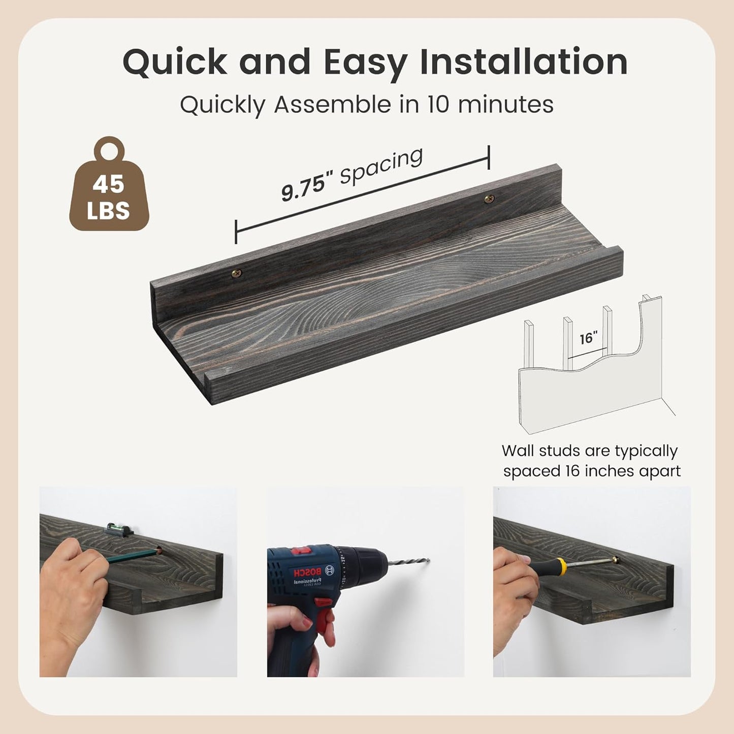 Picture Ledge Wall Shelves 16 inches Width Set of 3, Solid Pine Wood Rustic Floating Ledge Shelves for Wall for Kids' Room Bedroom Kitchen Bathroom Living Room Nursery Display Decor, Grey