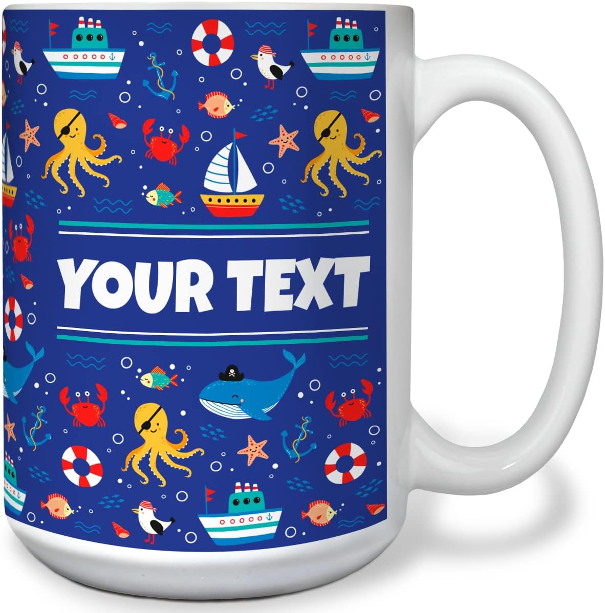 Personalized Mug for Kids - Nautical - Custom Name/Text, Ceramic Hot Chocolate/Cocoa/Coffee Cup for Boys/Girls, Birthday/Christmas/Holiday Gift - 15 oz, White Handle