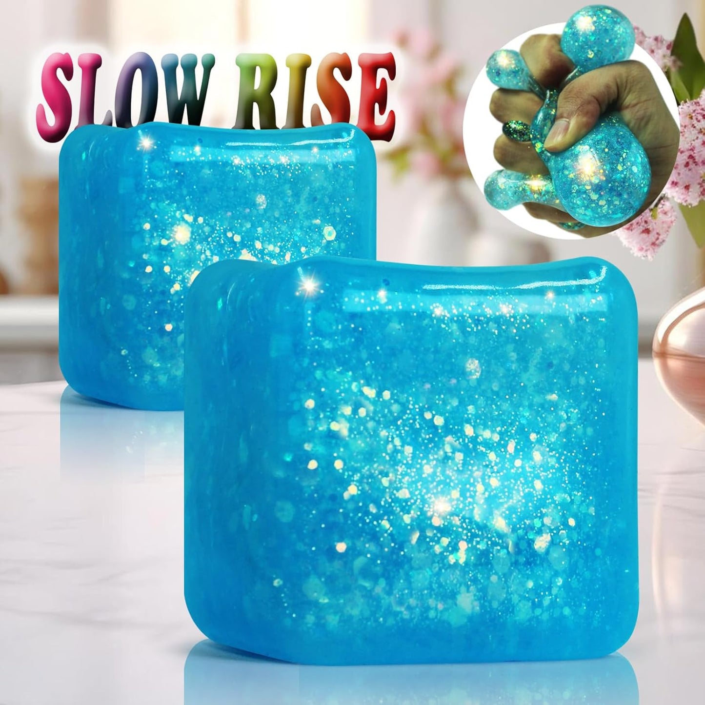 2Pack Glitter Squishy Cube - Slow Rise Nice Sugar Stress Cube Gel Stress Balls for Adults, Glitter Squishy Balls for Kids, Stress Relief/Classroom Fidget/Treasure Box Prizes(Blue)