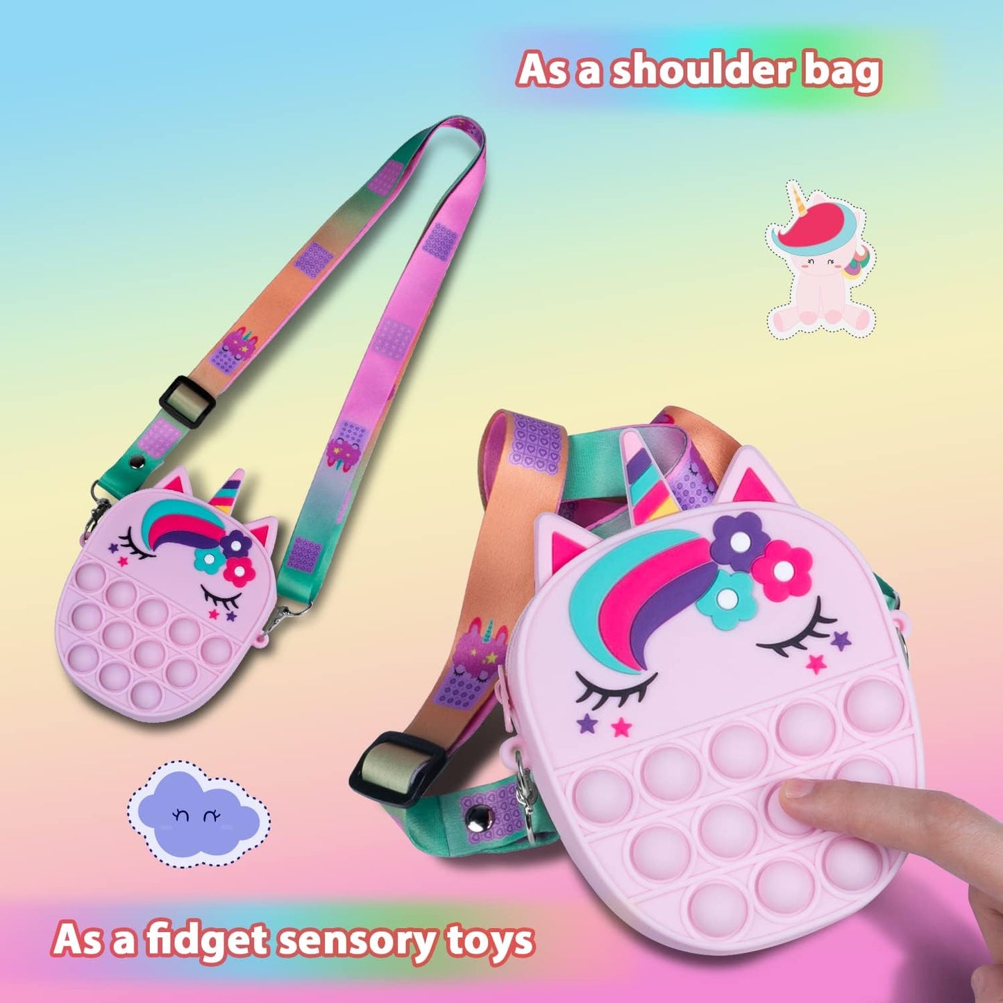 Pop Bag it, Fidget Bag, Pop Purse for Girl and Women Pop Bag with Unicorn Pop Toy, Anti Stress Silicone Poppet Bag Fidget Shoulder Bag, Best Gifts