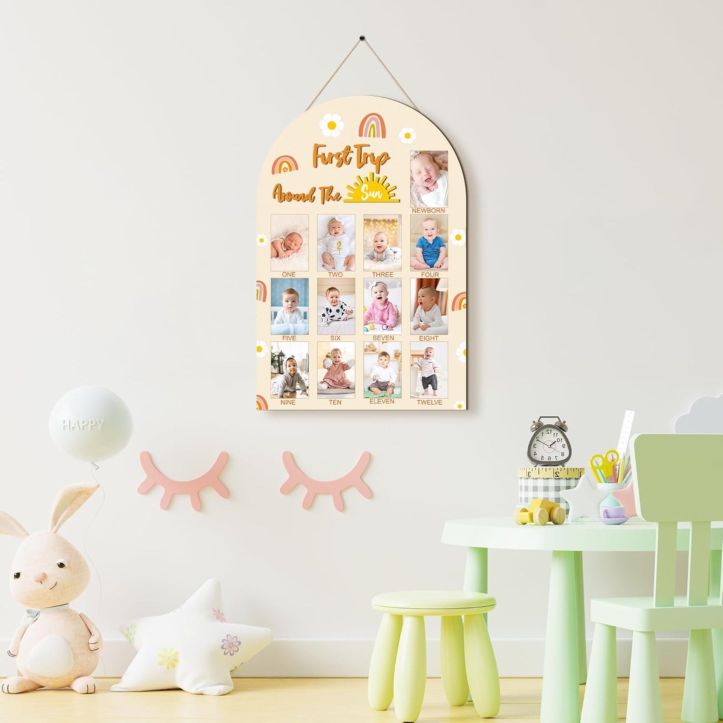 R HORSE My First Year Photo Frame Board, 3D Boho Sun Rainbow Display Wood Board, Baby’s 1st Year Picture Frame, 12 Months Milestone One Year Old Birthday Decoration, Baby Keepsake Gift for Boy Girl