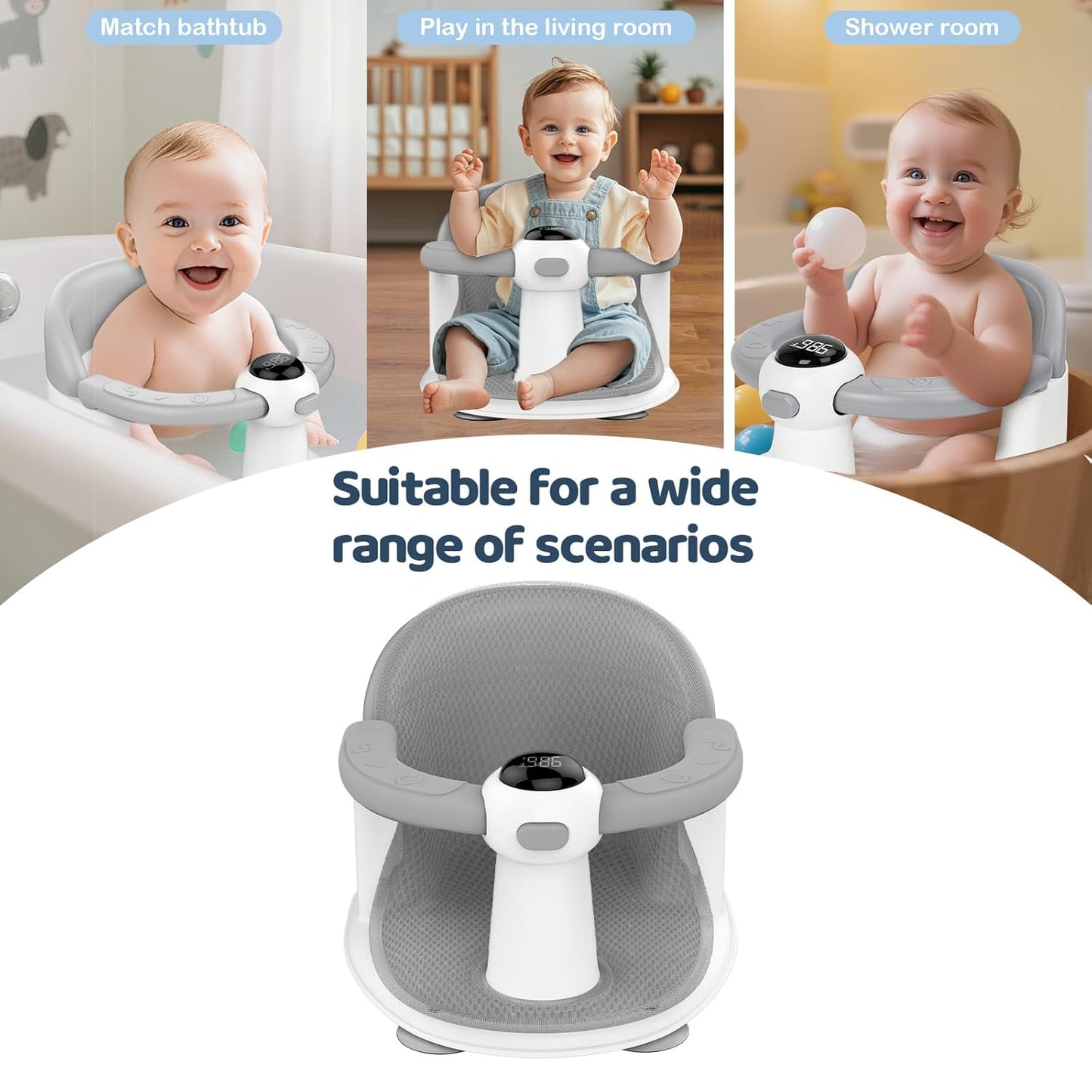 Baby Bath Seat-for Babies 6 Months & up, Water Temperature Display+Soft Cushion, Non-Slip Toddler Bath Seat for Baby, Sit Up Bath Seat for Baby, Grey
