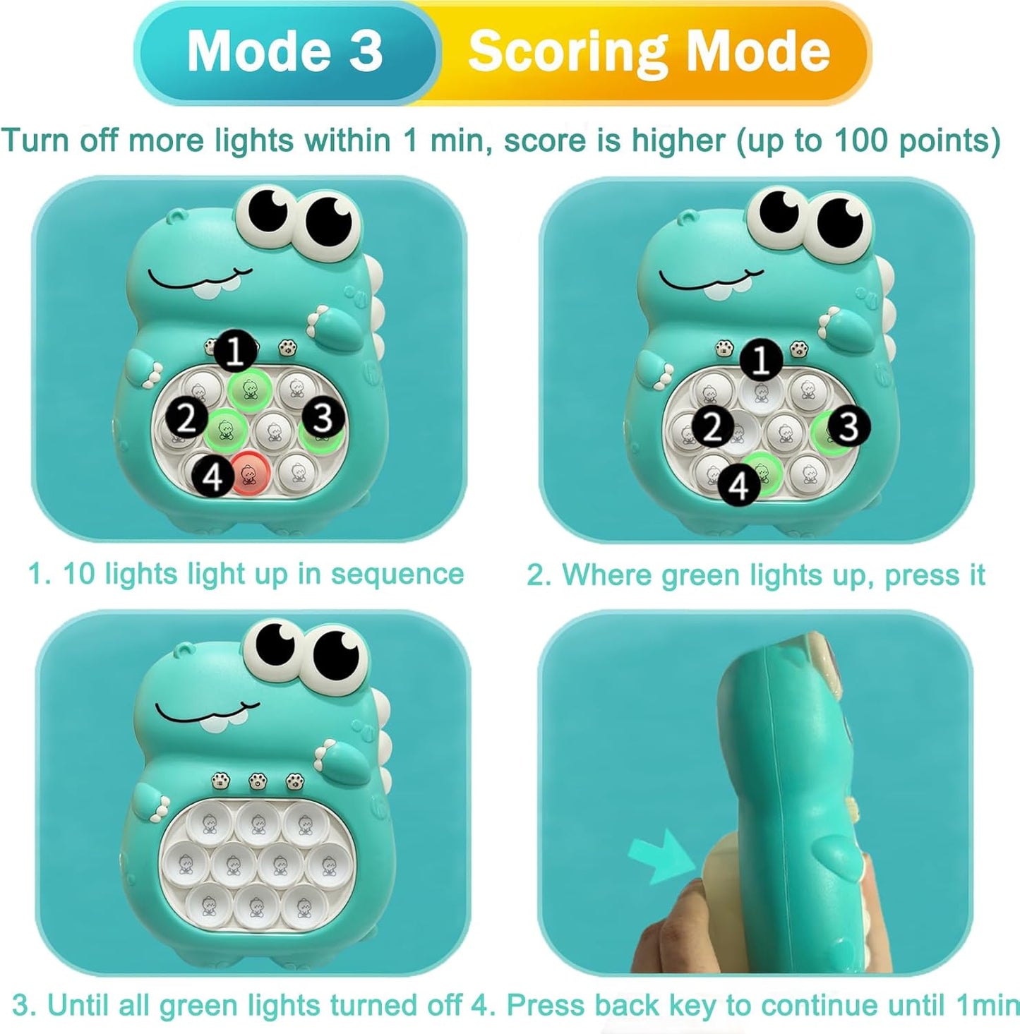 Pop Quick Push Game Light Up Fidget Toys Handheld Puzzle Press Popping Game Console for Kids Ages 3+ Adult Green Dinosaur