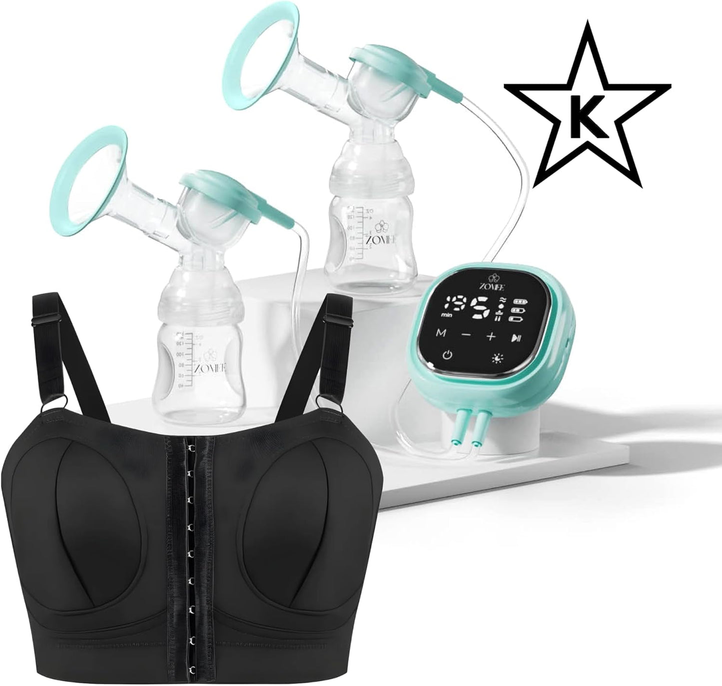 Zomee Z2 Double Electric Breast Pump - Shabbat Mode Edition - Portable, Hands Free Pumping Hospital Grade Wearable Breast Pump Including; Black Bamboo Pumping Bra (2XL)
