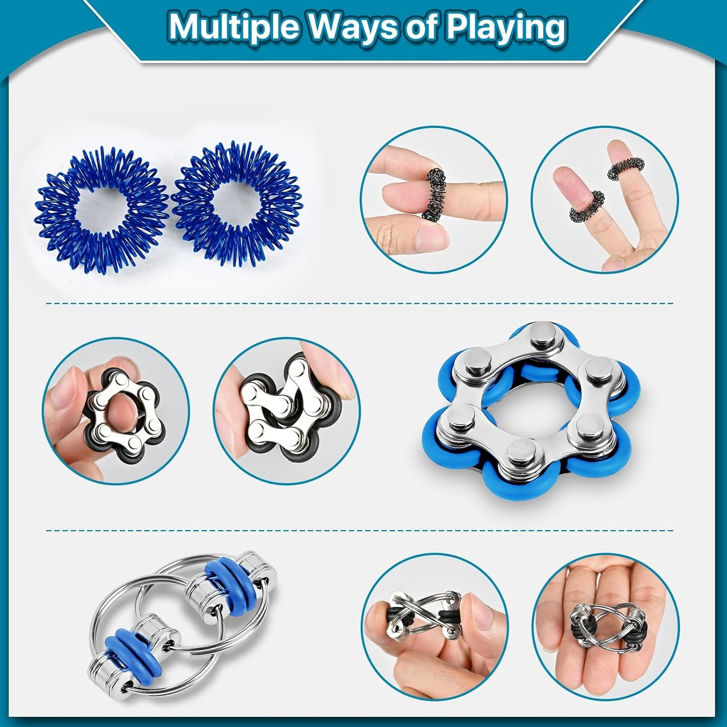 Fidget Toys Adults Pack 6Pcs, EDC Fidgeting Game for Kids Teen Cool Mini Gadget Desk Toys Figette Spinner Figits Rings Classroom ADHD Stress Anxiety Relief Toy Unique Gift for Boys Girls-Blue