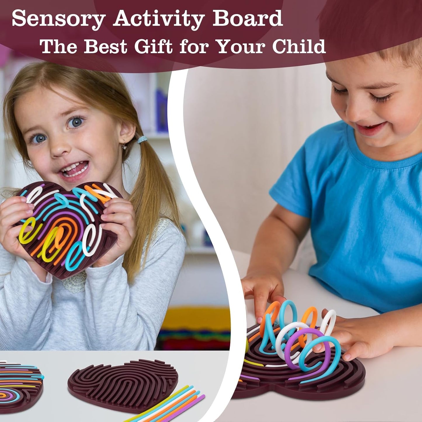 Sensory Activity Board,Fidget Toys for Kids 3+,Silicone Sensory Toys for Calming, Stress, Anxiety, ADHD,Autism,Promotes Focus,with Travel Bag and 13 Strings (Cherry Red, Heart-Shaped)
