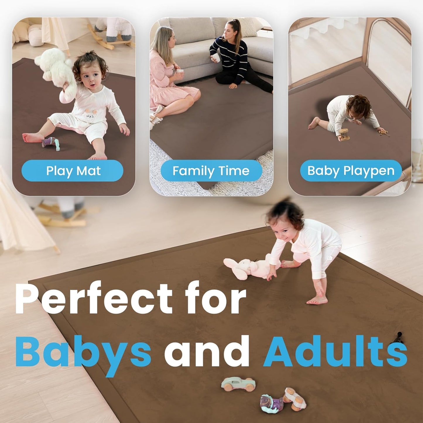 Ultra Soft Baby Play Mat,71"×79" Extra Large Activity Tummy Time Mat for Toddlers,Infants,Kids,1.3" Thick Elasti-Foam Nursery Rug for Floor,Non-Slip Safe for Crawling,Water-Repellent(Chocolate Brown)