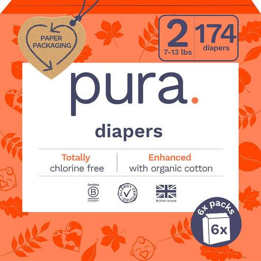 Pura Hypoallergenic Diapers Size 2 (7-13 lbs) Monthly Pack, Totally Chlorine Free, Wetness Indicator, Suitable for Sensitive Skin, Soft Organic Cotton Comfort, Overnight, 6 Packs of 29 (174 Diapers)