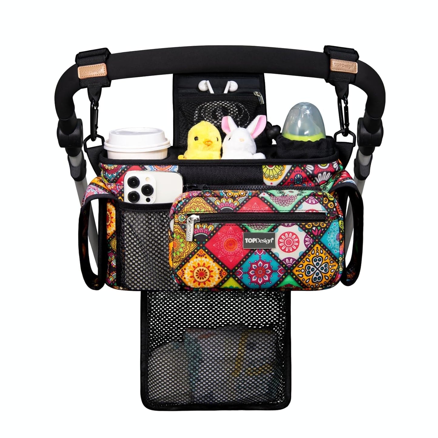 TOPDesign Universal Baby Stroller Organizer, Stroller Caddy with Detachable Mesh Bag & Heightened Insulated Cup Holders & Non-Slip Secure Hooks Accessories, Fits Most Strollers (Yoga)