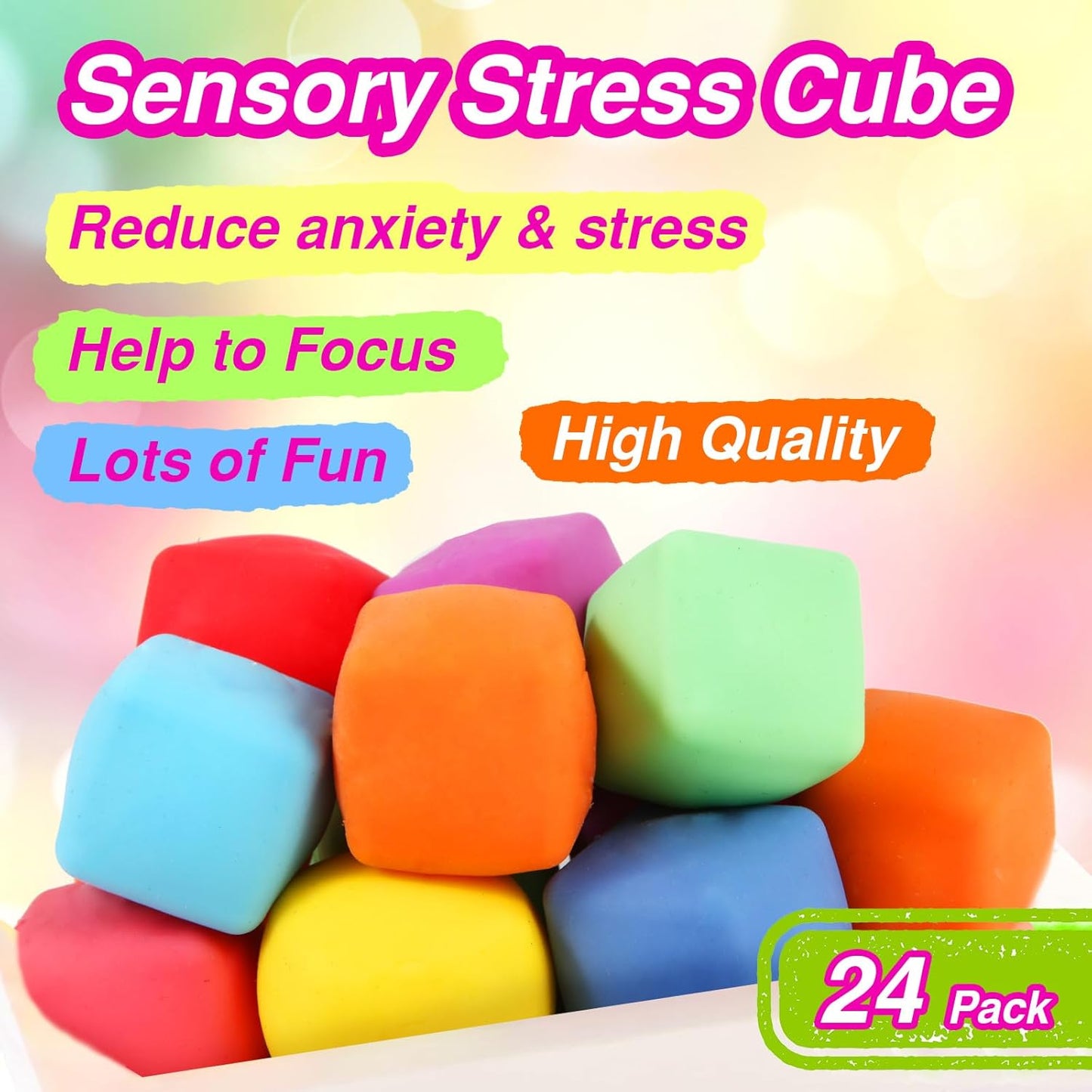 24 PACK Slow Rising Stress Cube, Dough Stress Balls Soft Fidget Squishy Toys for Anxiety Relief, Pull Stretch Classroom Prize Party Favors Toys for Kids