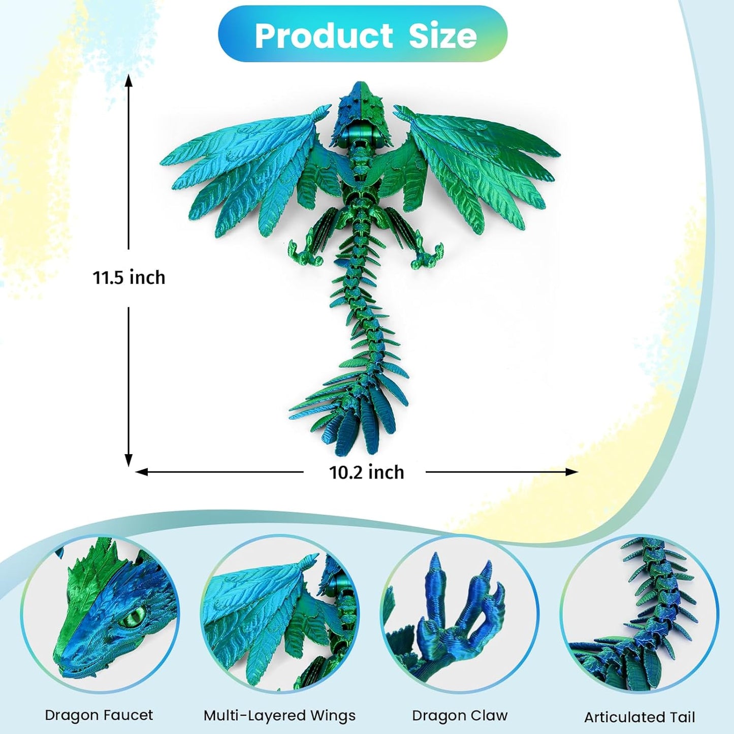 3D Printed Dragon with Wings, Feathered Wyvern Dragon,Full Articulated Crystal Dragon Fidget,Realistic Large Pet Dragon, Flexible Shoulder Dragon Stuff, 3D Printed Animals Toy.