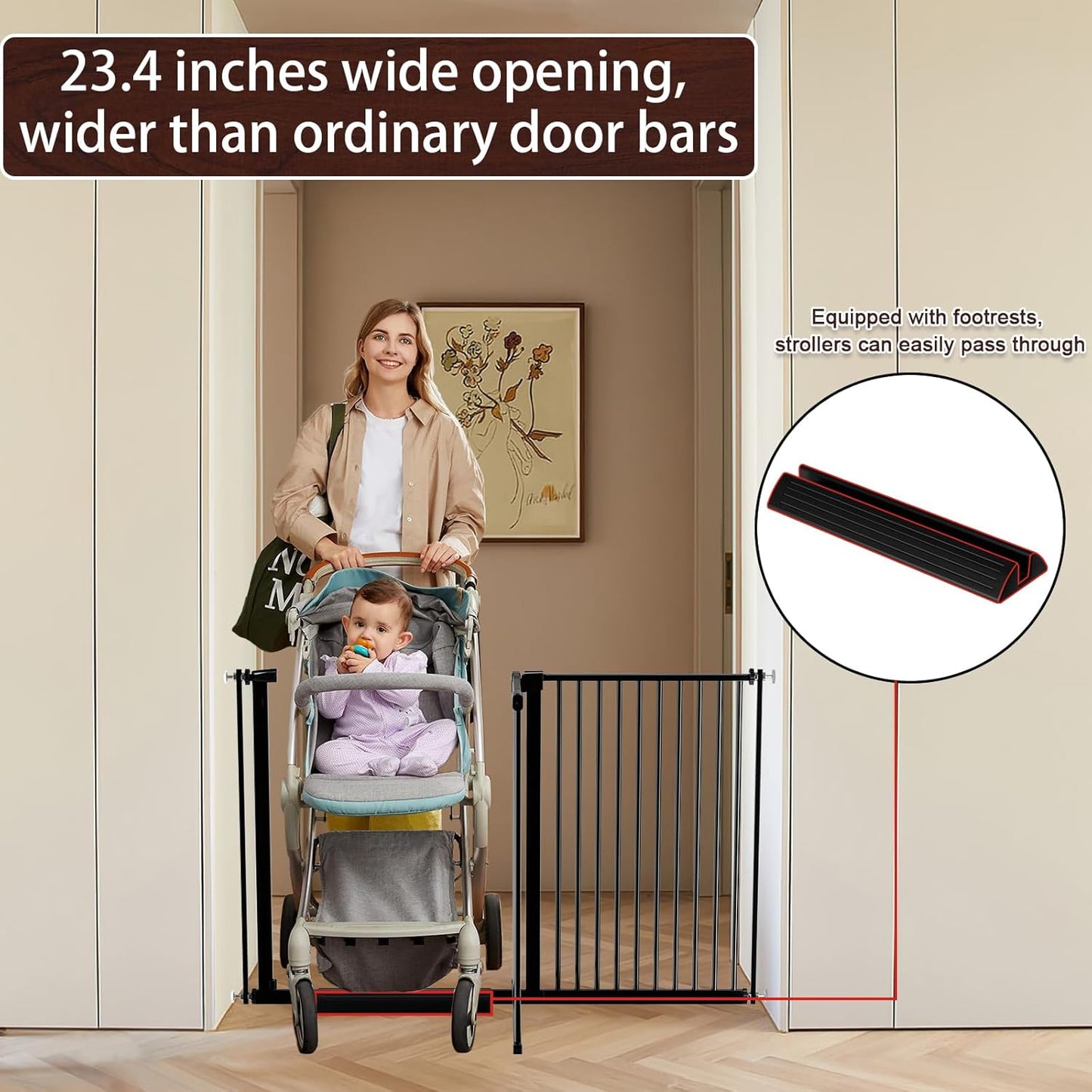 DEARBB Extra Wide Baby Gate Ultra Narrow Spacing 30.11-77.36" Pressure Mounted Double Lock Swing Auto Close Walk Through Metal Safety Pet Gate for Stairs and House Doorway Kitchen