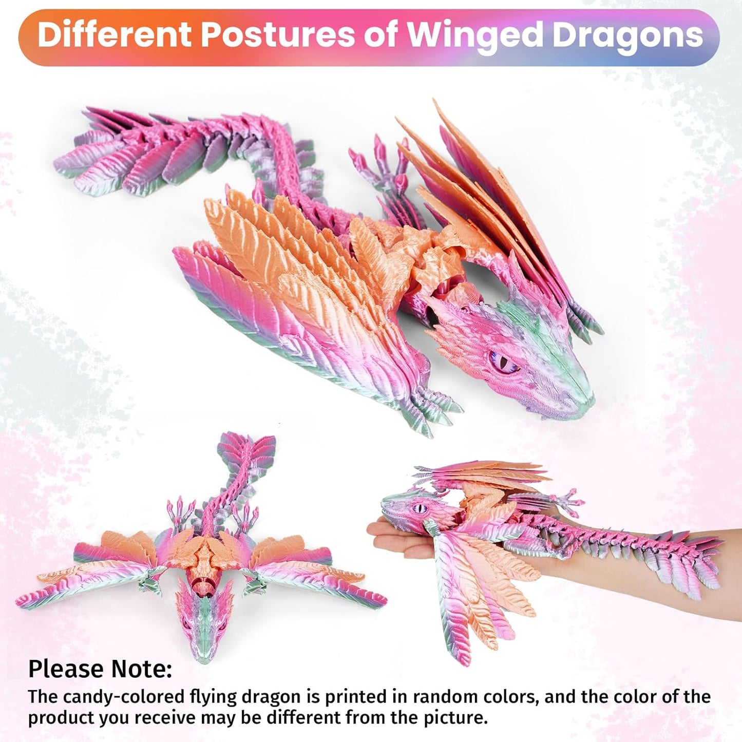 3D Printed Dragon with Wings, Feathered Wyvern Dragon,Full Articulated Crystal Dragon Fidget,Realistic Large Pet Dragon, Flexible Shoulder Dragon Stuff, 3D Printed Animals Toy.