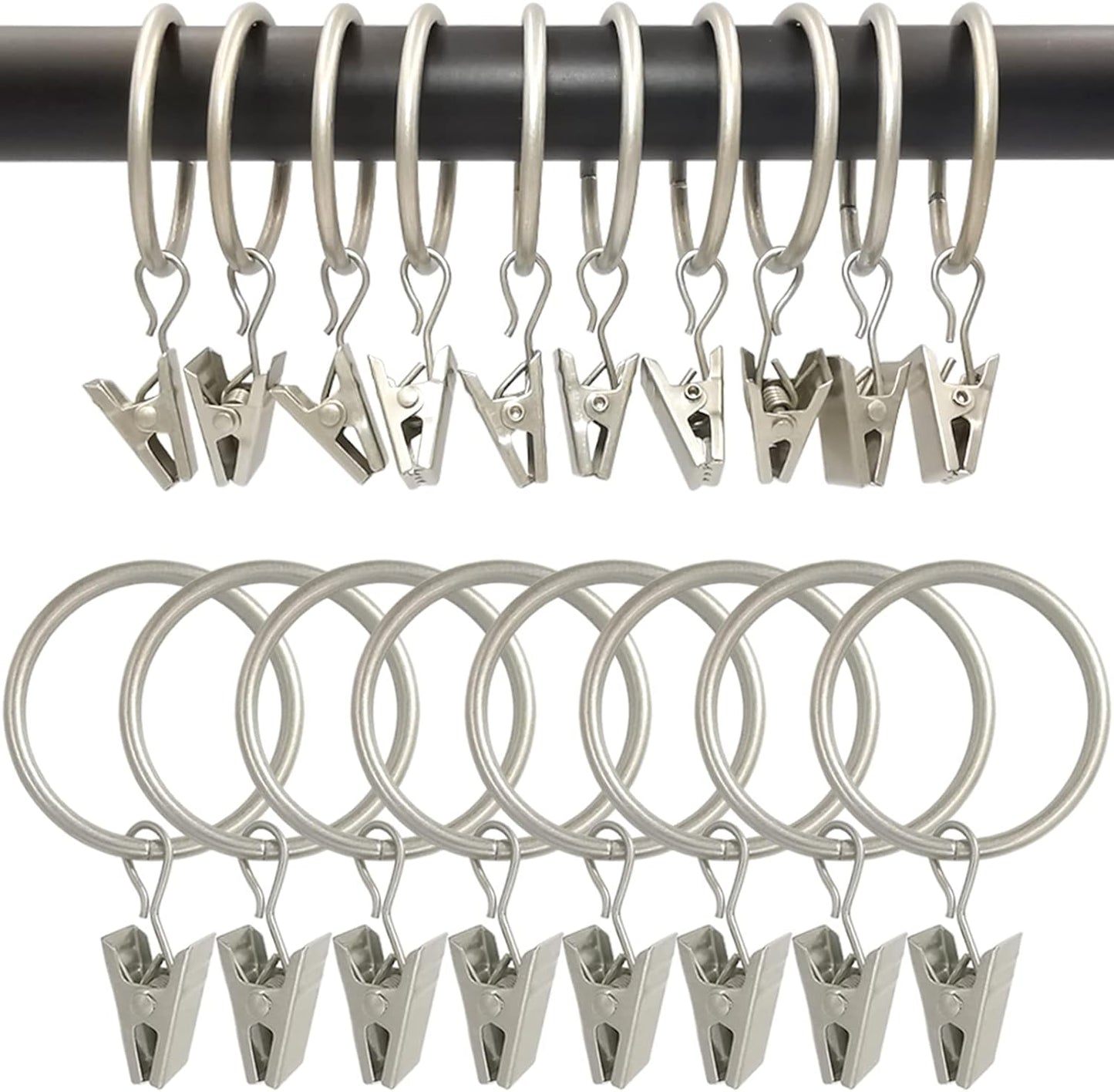 100 Pack Matte Silver Curtain Rings with Clips, Curtain Hooks Hangers Clip Rings for Hanging Drapes Bows Hat, Drapery Rings 1.26 in I D, Fits up to 1 in Diameter Curtain Rod.