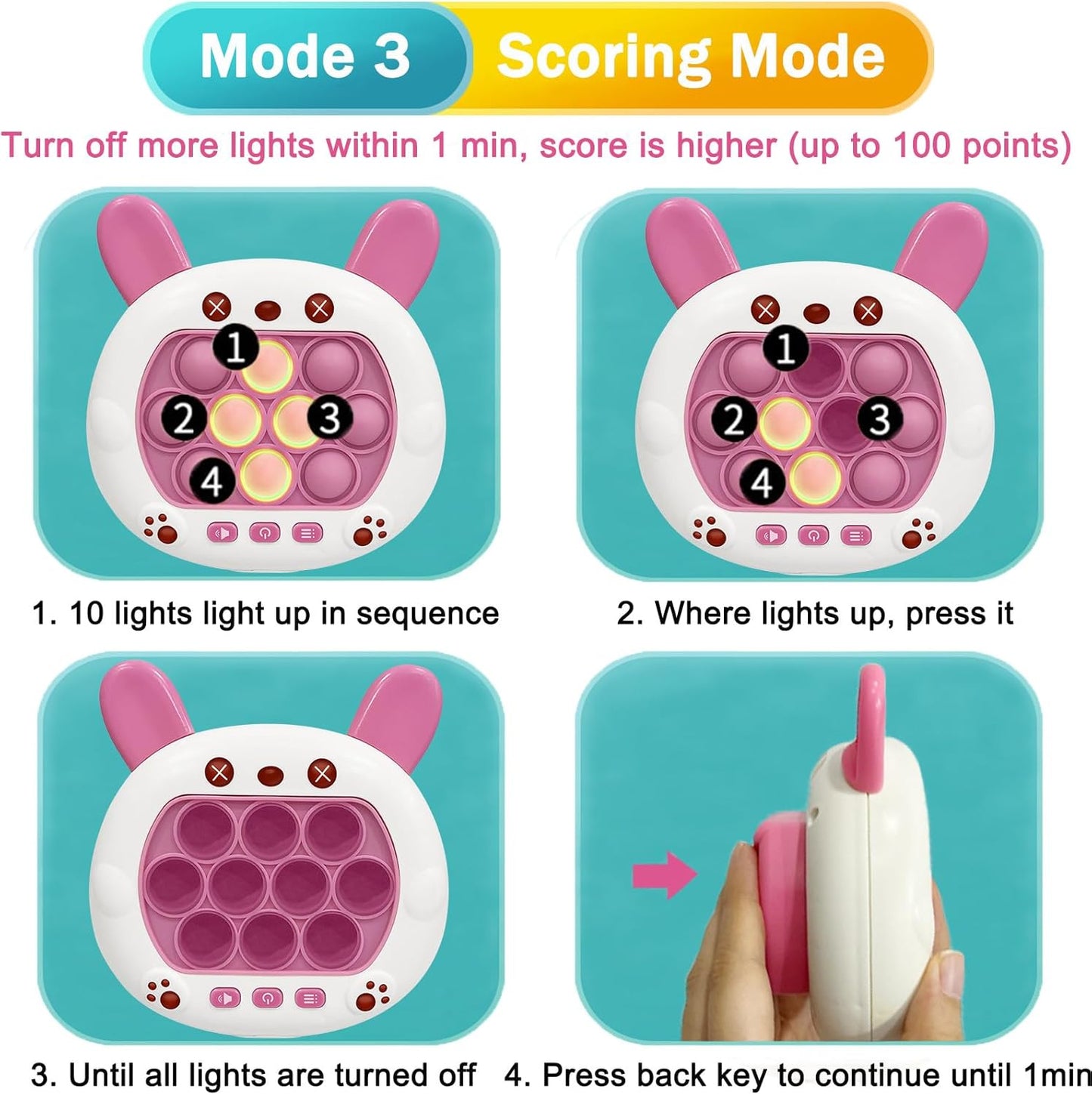 Pop Quick Push Game Console Fidget Toys Light Up Handheld Puzzle Press Popping Toy for Kids Adult Cute Rabbit