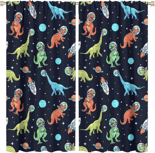 Cartoon Dinosaur Curtains for Kids Boys Girls Home Decor, Astronaut Rocket Funny Outer Space Blackout Rod Pocket Window Drapes for Bedroom Living Room W21xL54in 2 Panels