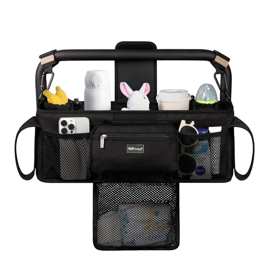 TOPDesign Universal Baby Stroller Organizer, Double Stroller Caddy with Detachable Mesh Bag & Heightened Insulated Cup Holders & Non-Slip Secure Hooks Accessories, Fits Most Strollers (Black)