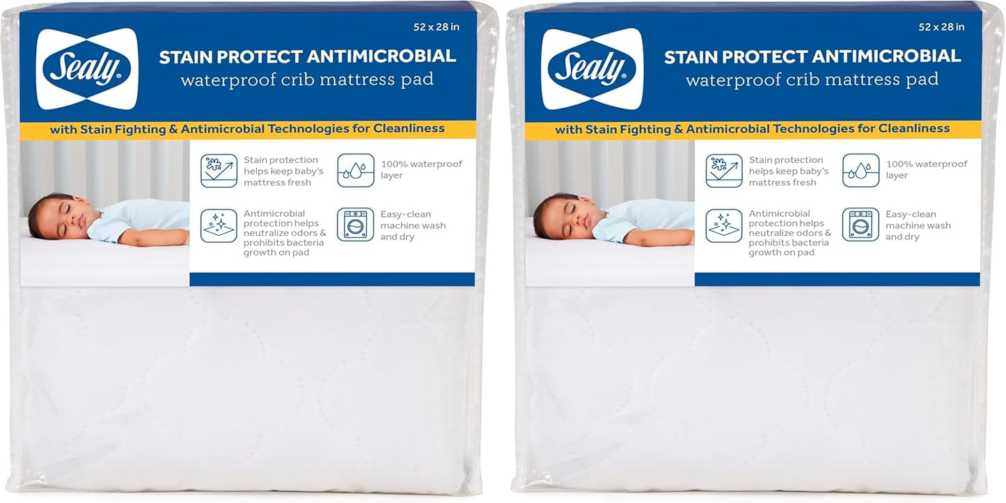 Sealy Baby Stain Protect Antimicrobial Fitted Waterproof Infant Crib Mattress Protector Pad and Toddler Bed Cover, Durable and Comfortable Topper, Machine Washable & Dryer Friendly, 52” x 28”- White