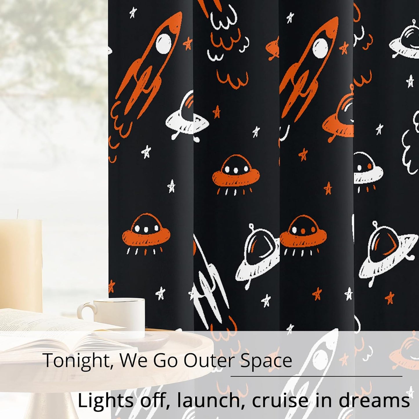 Kids Space Themed Blackout Curtains - 100% Blackout, Thermal Insulated, Noise Reducing, Perfect for Kids Room and Nursery, 2 Panels (Starlight Rocket Chase, W52×L84)