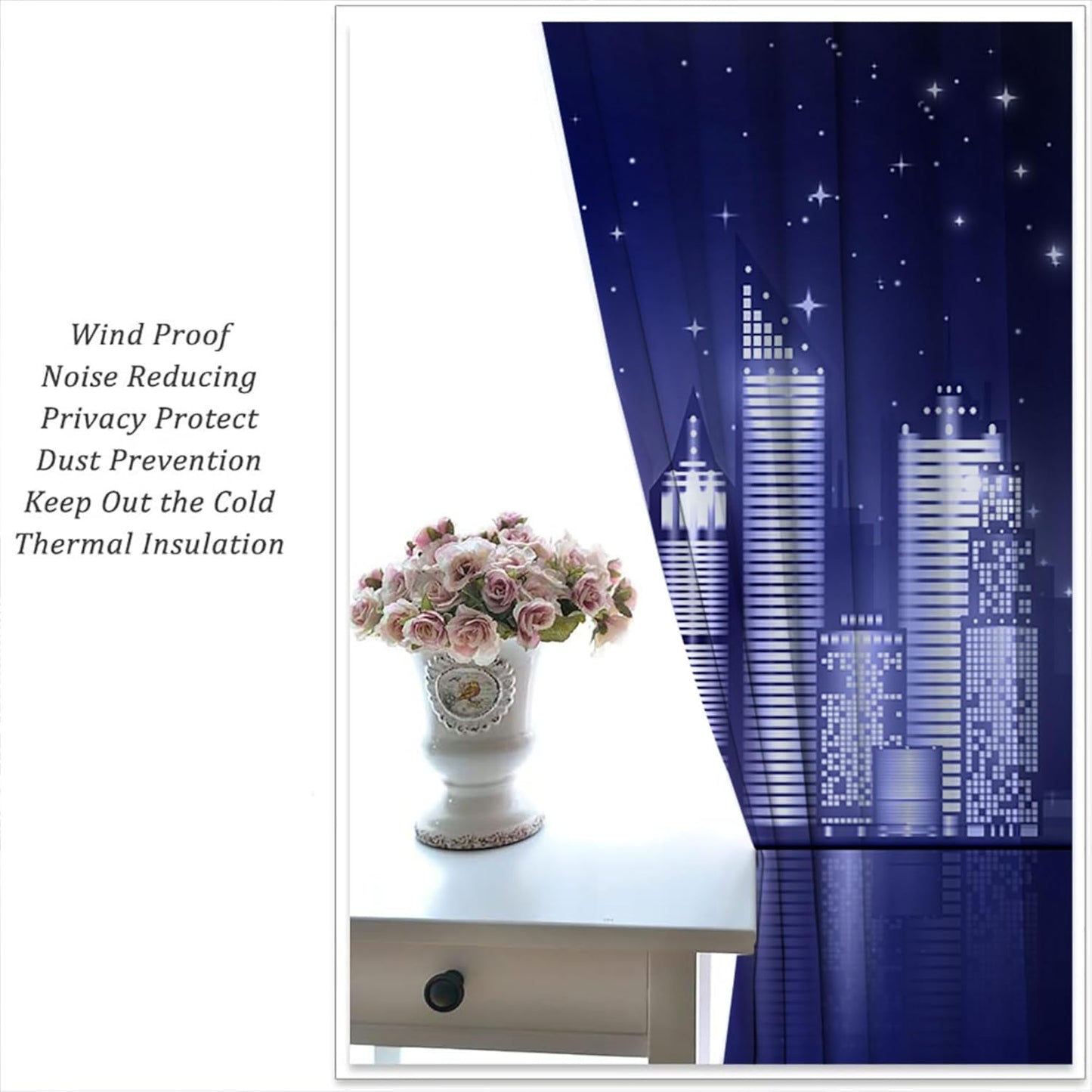 City Rod Pocket Blackout Curtains for Boy Girl Bedroom, New York Skyline Modern City Starry Sky Night View Home Energy Efficient Light Filtering Window Curtain for Living Room, 42x63 inch