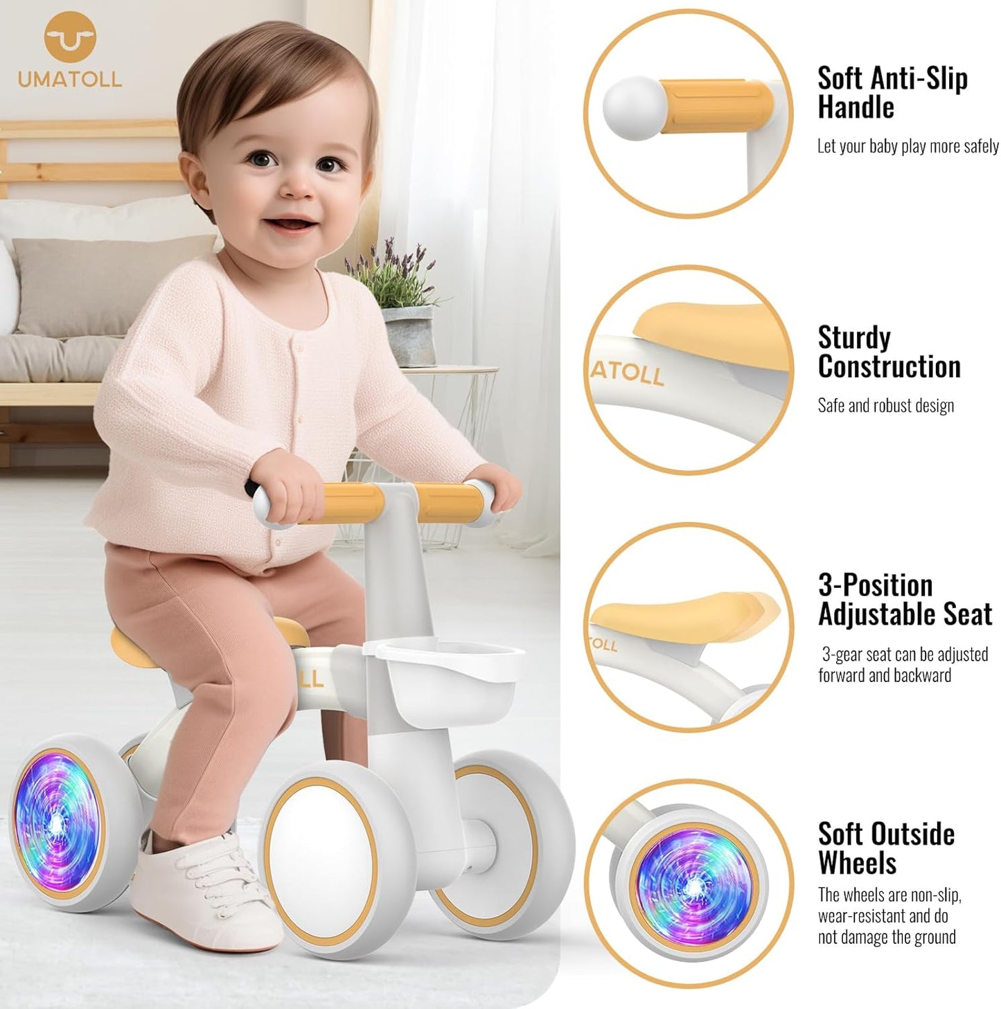 Umatoll Colorful Lighting Baby Balance Bike Toys for 1 Year Old Boys Gifts, Adjustable Seat Baby Walker, One Year Old Boy Birthday Gifts, 12-24 Months Toddler First Ride on Toys