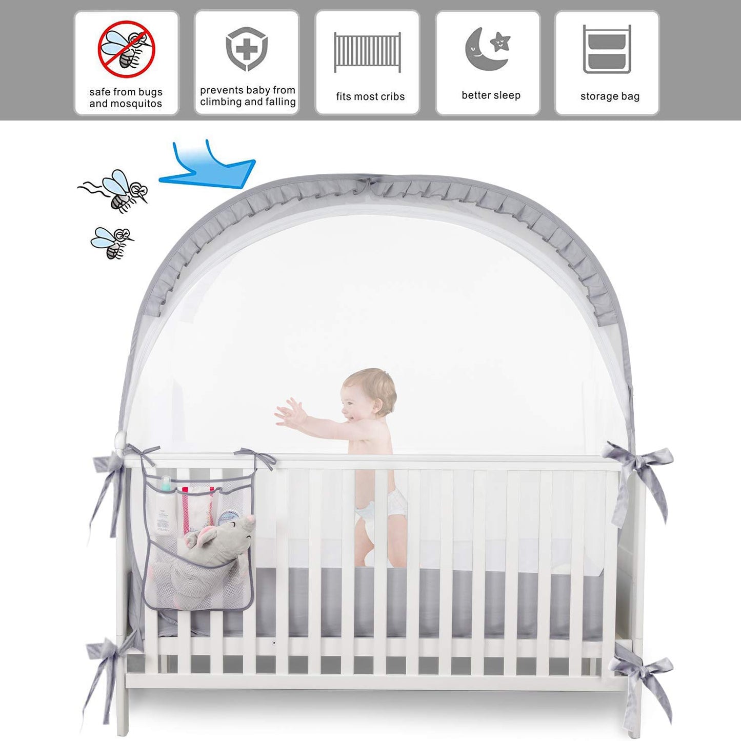 Baby Safety Crib Tent Infant Pop up Mosquito Net Nursery Bed Canopy Netting Cover - Keep Baby from Climbing Out with Hanging Diaper Storage Bag (Gray)