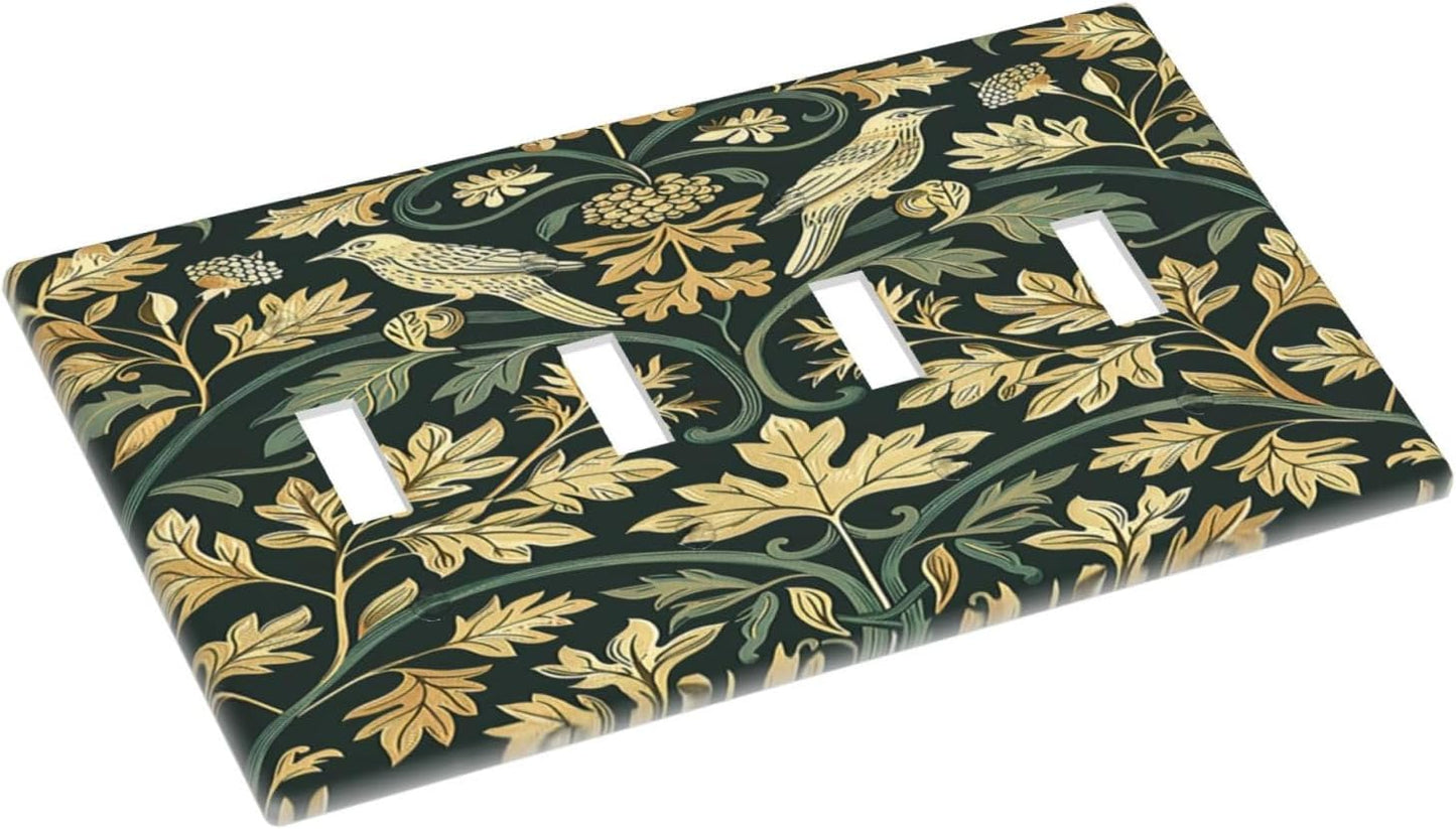 Light Switch Covers William Morris Vintage Botanical Birds Golden Green Leaves Quad Toggle Electrical Faceplate 4 Gang Wall Plate Decorative Switch Plates for Bedroom Home Decor