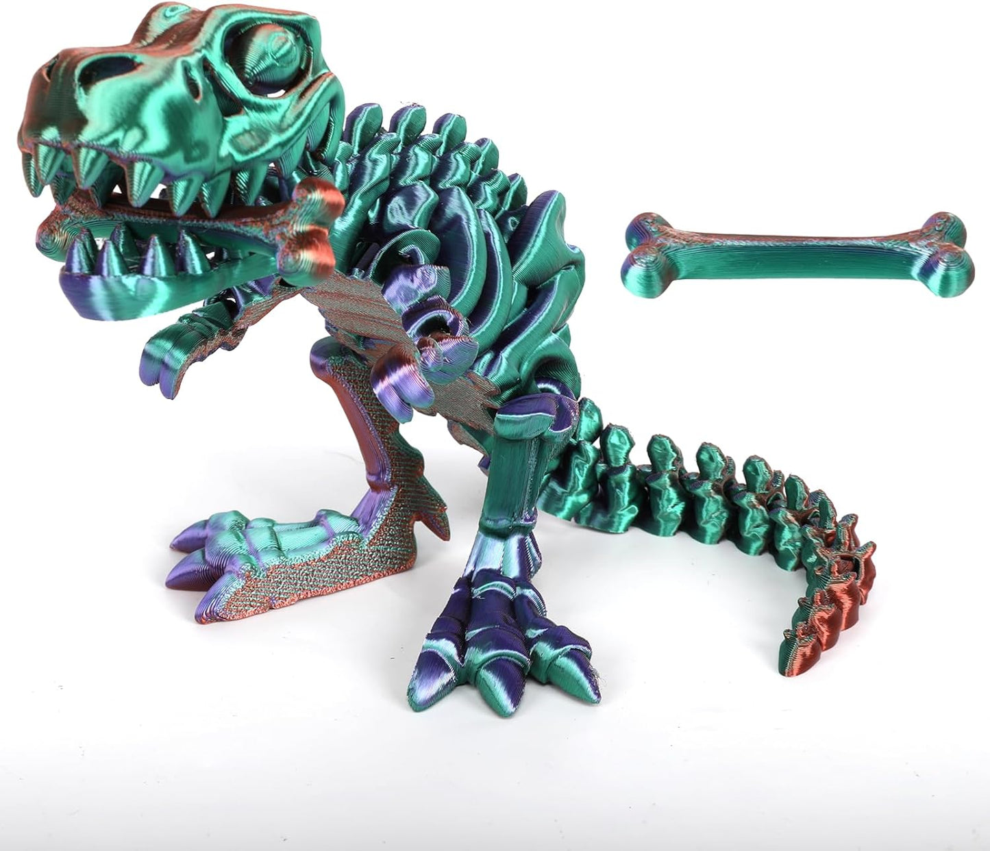 3D Printed Dinosaur Bone Skeleton Tyrannosaurus Rex with Movable Jaw Fidget Dinosaur Toys Full Articulated Dinosaur Executive Desk Toys Home Office Decor, Green Mix Purple