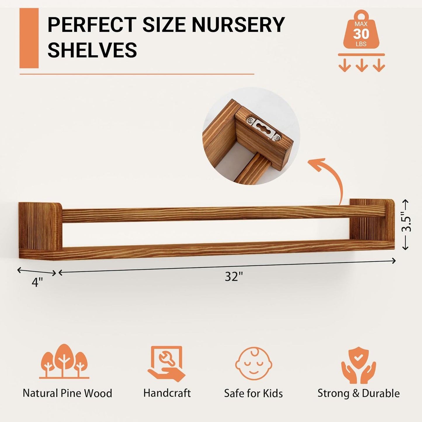 Heimlove 32 Inch Nursery Floating Shelves, Nursery Book Shelves for Wall, Wall Bookshelf for Kids Solid Wood Wall Mounted Shelves for Books,Toys and Decor Storage, Set of 2