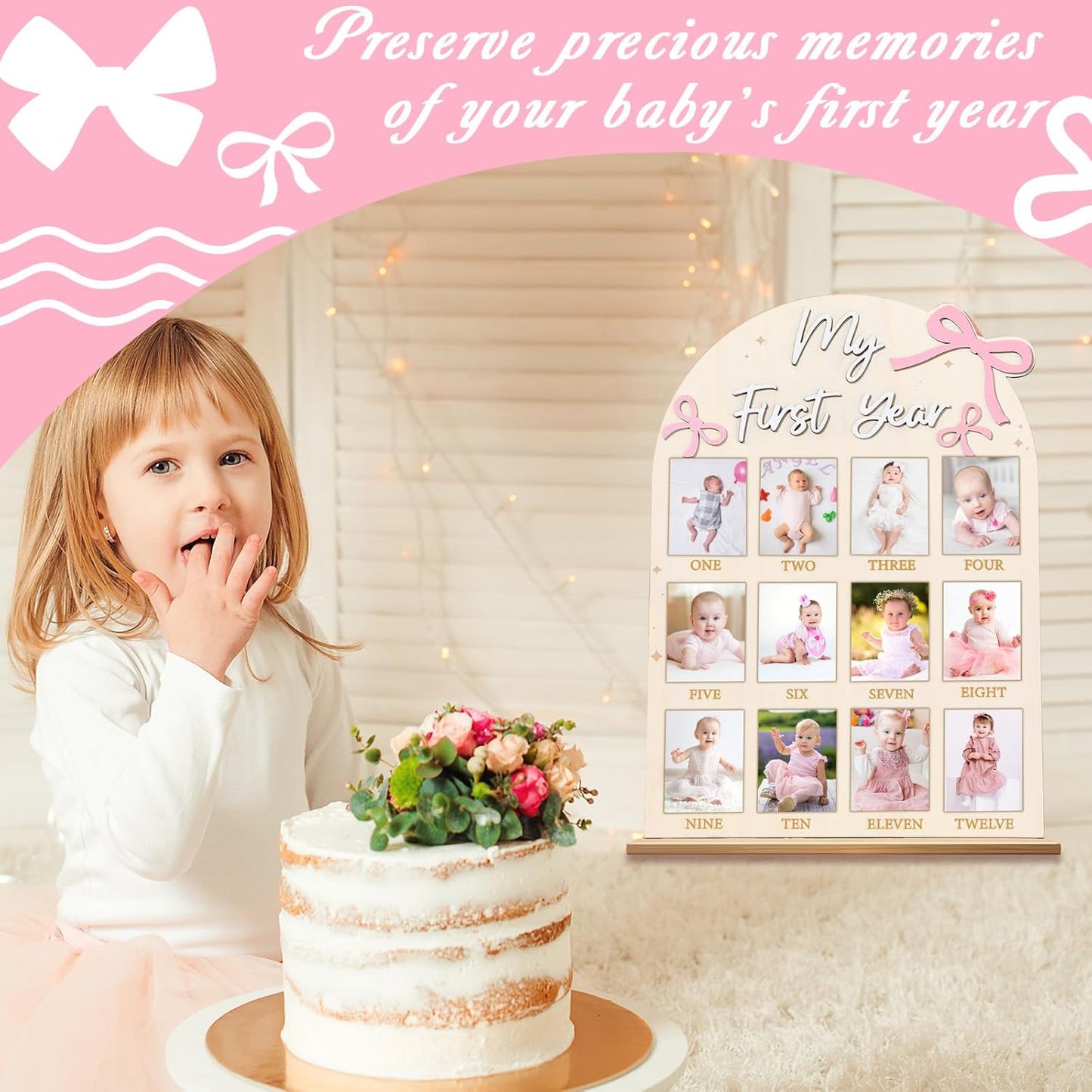 Pink Bow First Year Photo Board Coquette Bow Birthday Party Wooden Board Decorations 12 Monthly Milestone Picture Frame One Year Old Wood Sign 1st Birthday Photo Banner for Baby Girls Keepsake Gift