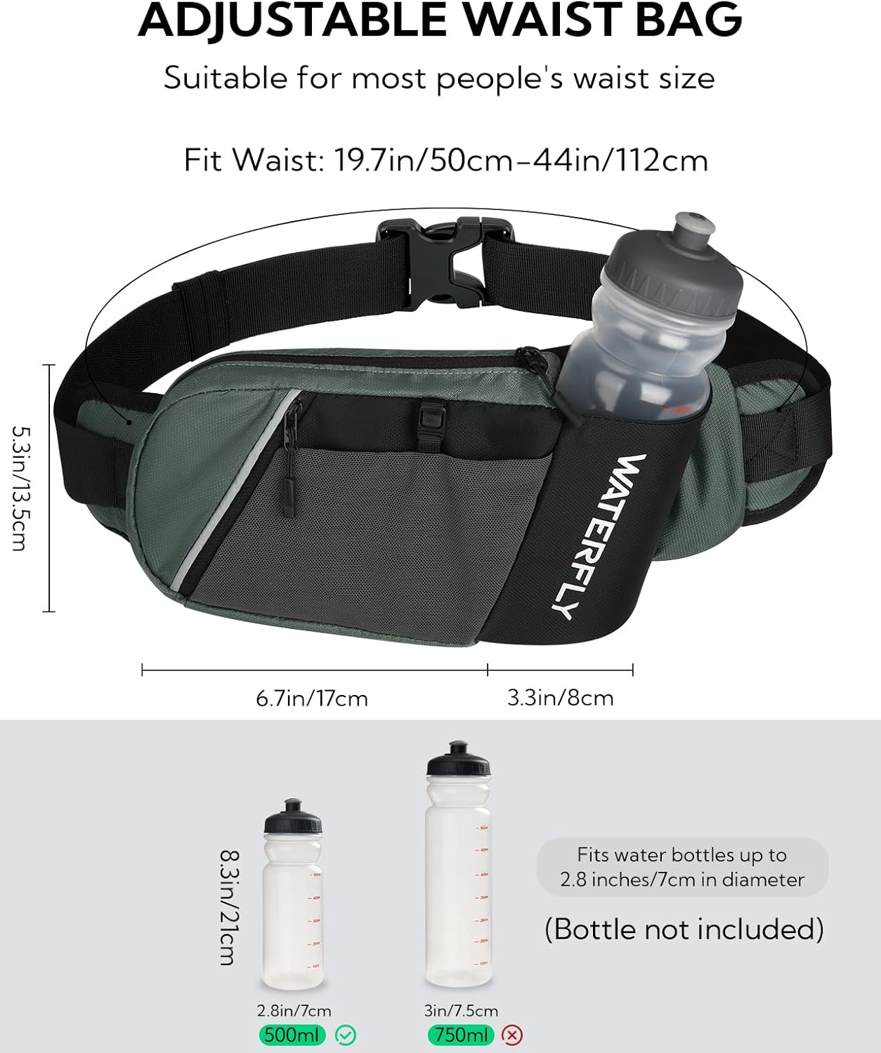 WATERFLY Fanny Pack Waist Bag: Hiking Water Bottle Holder with Strap Waist Pack for Women Men Hydration Hip Packs for Running Walking Traveling-Black & Gray