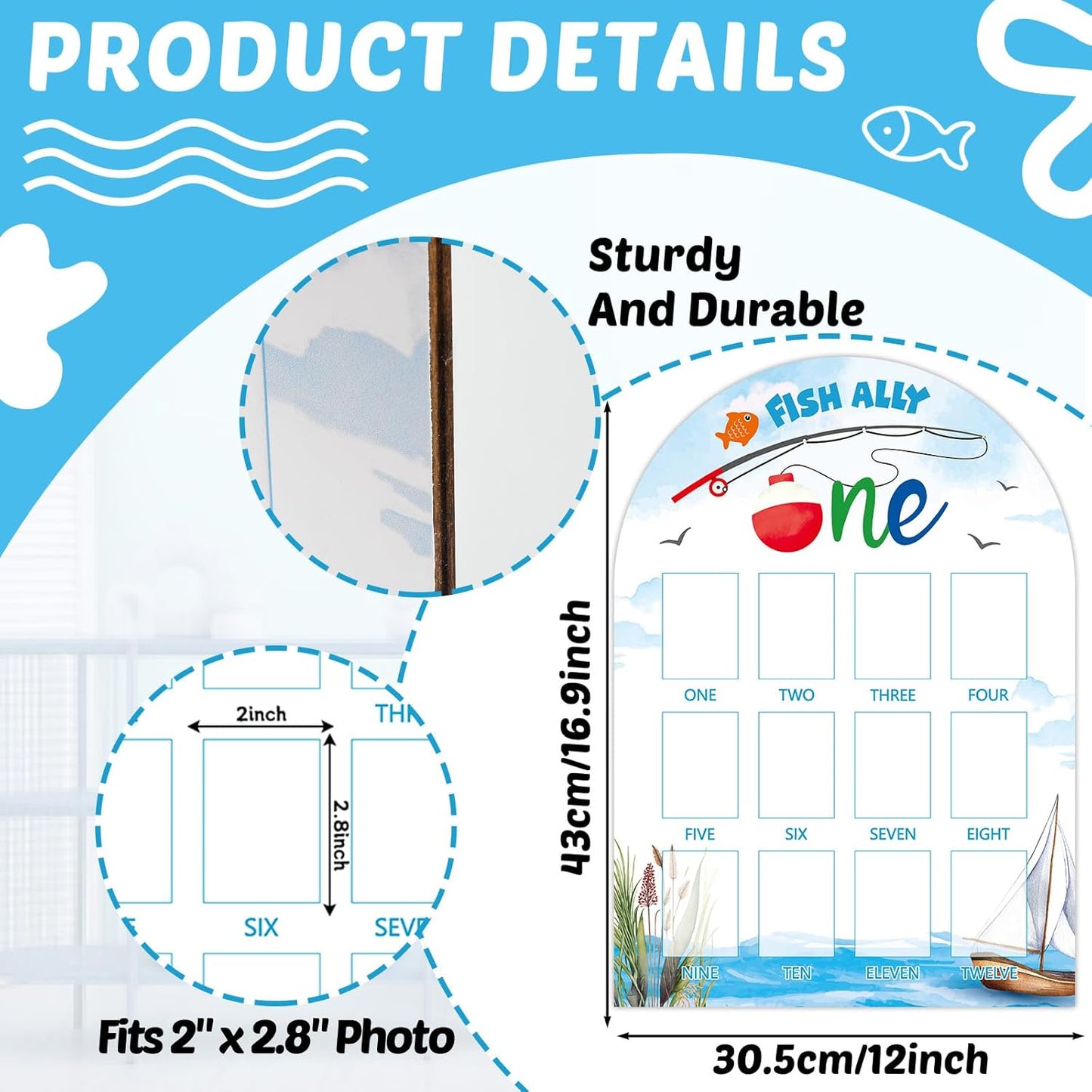 Ofishally One First Year Photo Board The Big One Fishing Birthday Decorations 12 Monthly Milestone Wood Picture Frame 1st Birthday Photo Banner for Baby Boys Keepsake Gift Gone Fishing Party Supply