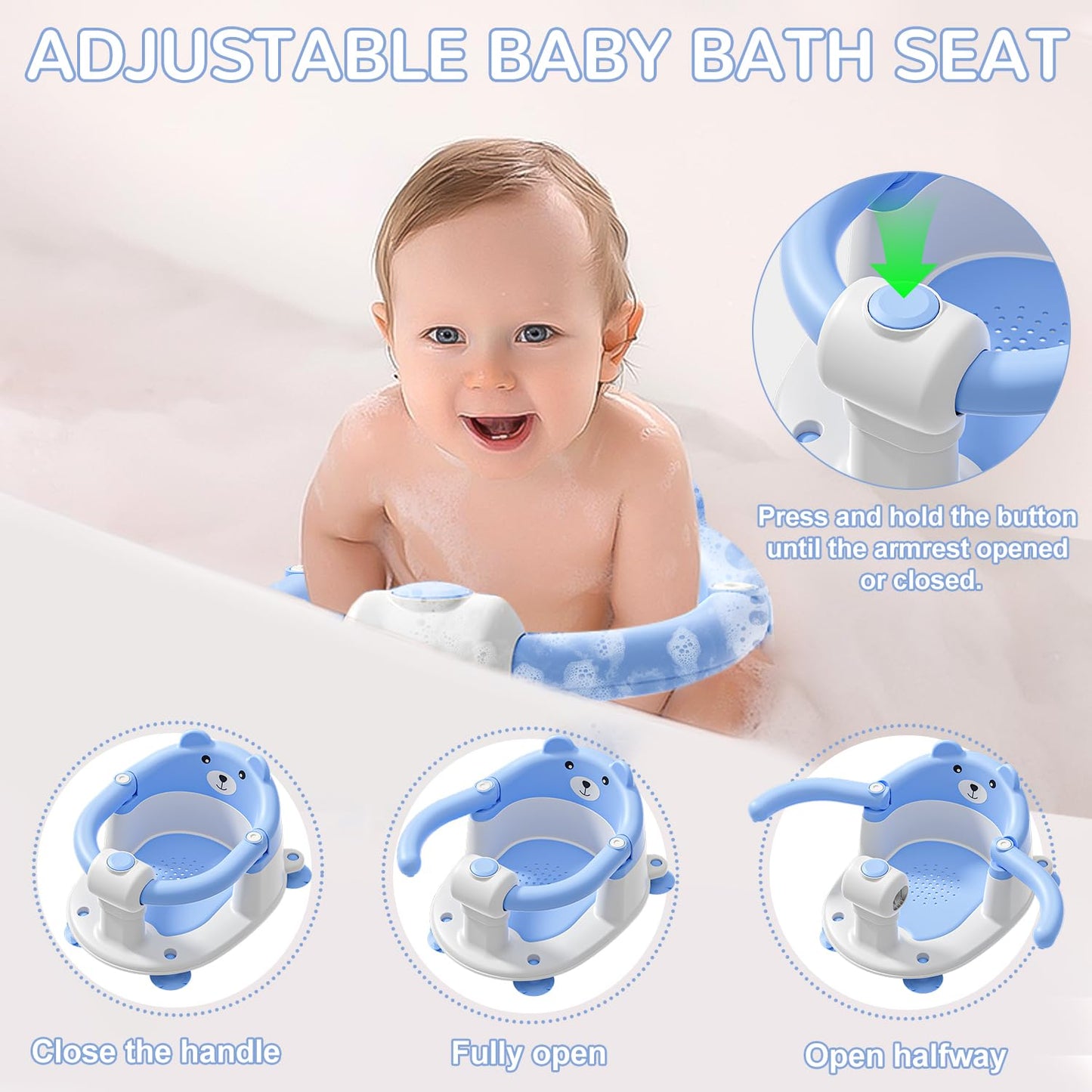 Baby Bath Seat for Babies 6 Months & up, Non-Slip Toddler Bath Seats for Babies Sitting Up, Safe Infant & Newborn Bathtub Chair with 4 Suction Cups & Soft Cushion for Shower,Blue
