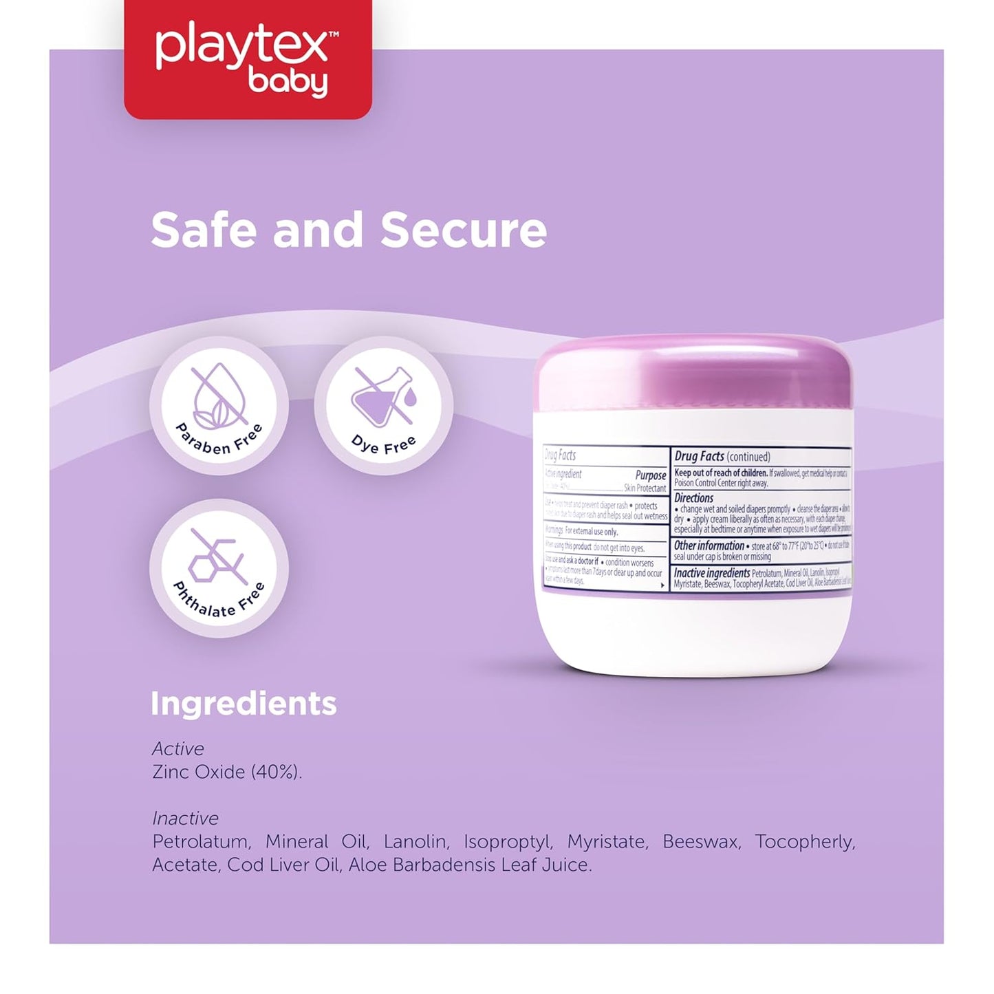 Playtex Baby Diaper Rash Cream, 15 oz. Jar, Dermatologist Tested 40% Zinc Oxide Diaper Cream, Fragrance Free, Hypoallergenic, Free of Dye, Parabens and Phthalates