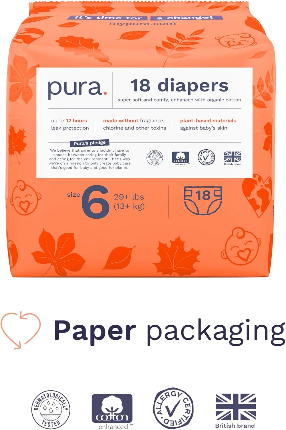 Pura Size 6 Eco-Friendly Diapers (29+ lbs) Totally Chlorine Free (TCF) Hypoallergenic, Soft Organic Cotton, Sustainable, up to 12 Hours Leak Protection, Allergy UK, 1 Packs of 18 Diapers