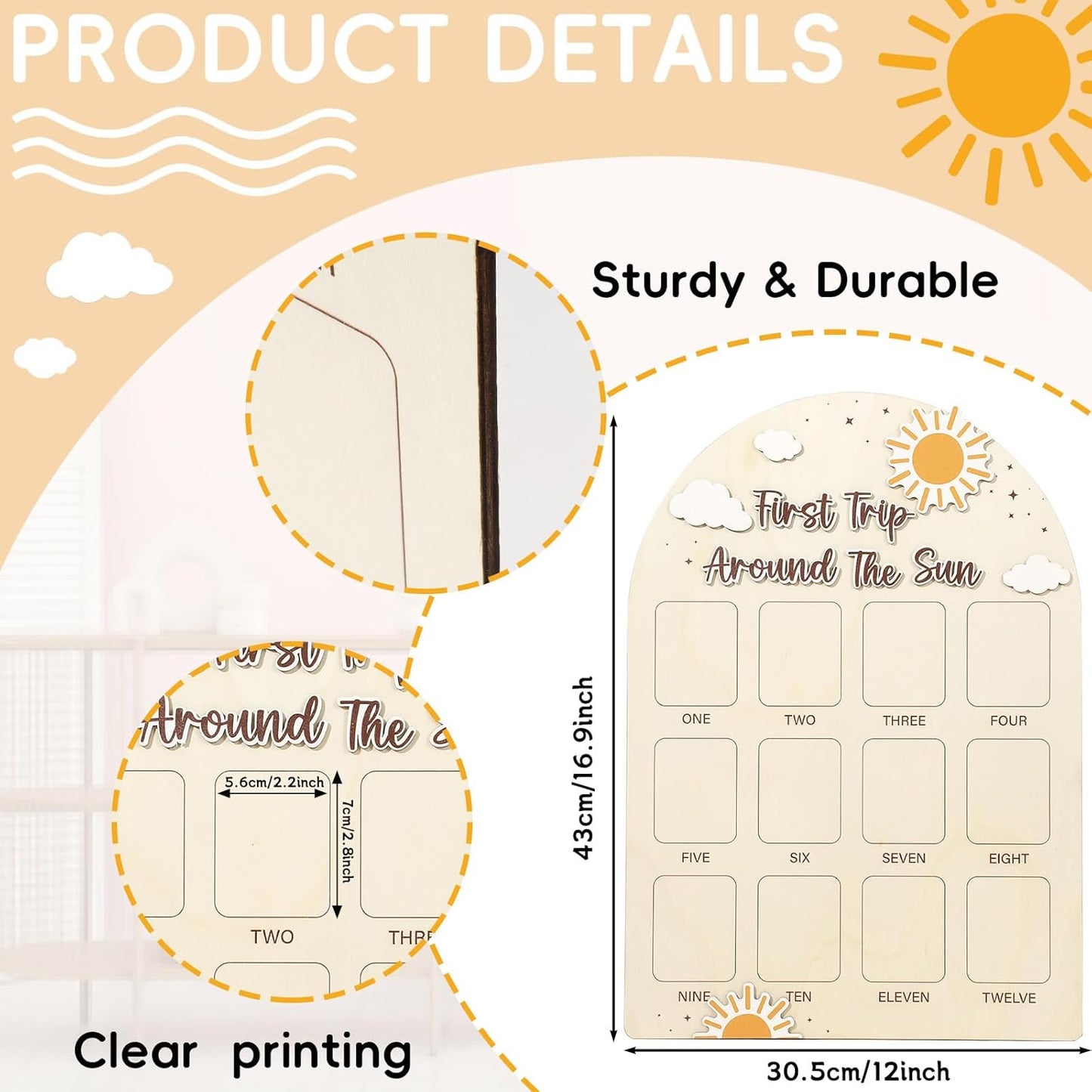 First Trip Around the Sun Photo Board Sunshine Birthday Party Wooden Board Decors 12 Monthly Milestone Picture Frame One Year Old Wood Sign 1st Birthday Photo Banner for Baby Keepsake Gift Supply