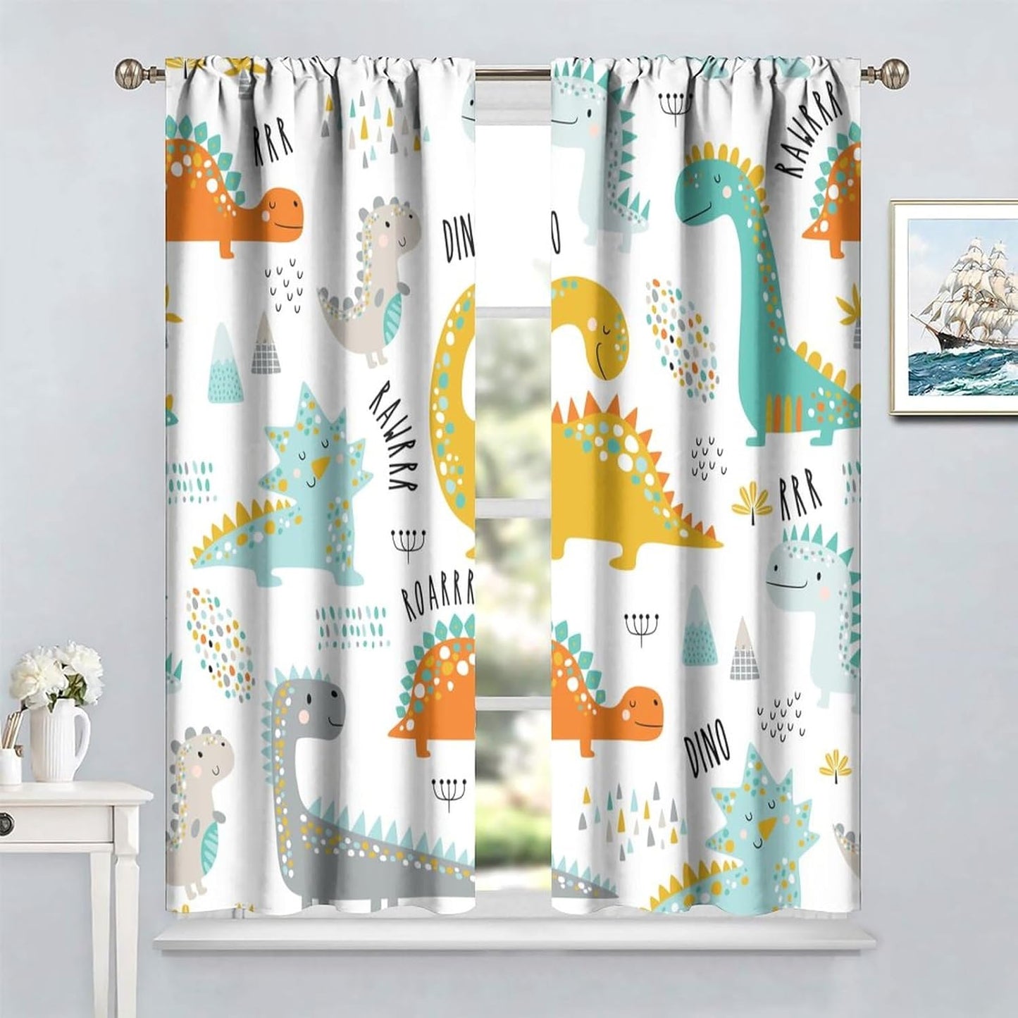 Dinosaur Curtains for Kids Boys Girls Home Decor Childish Cute Dino Animals Print Pattern Rod Pocket Blackout Window Drapes for Nursery Baby Bedroom Playroom W27.5xL63in 2 Panels