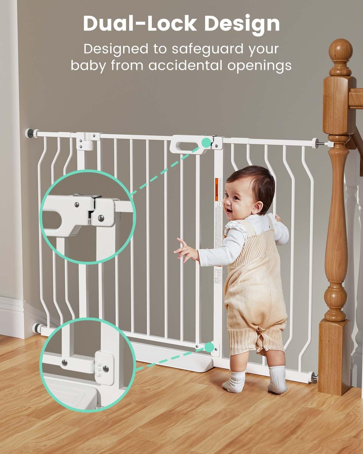 Mom's Choice-GROWNSY Baby Gate for Stairs, 29.5"-48.4" Pressure Mounted Baby Gate for Top of Stair&Doorway with V-Shaped Rods, Anti-Trip Pedal, Extra Wide Stairs Dog Gate Easy Install w/Red Reminder