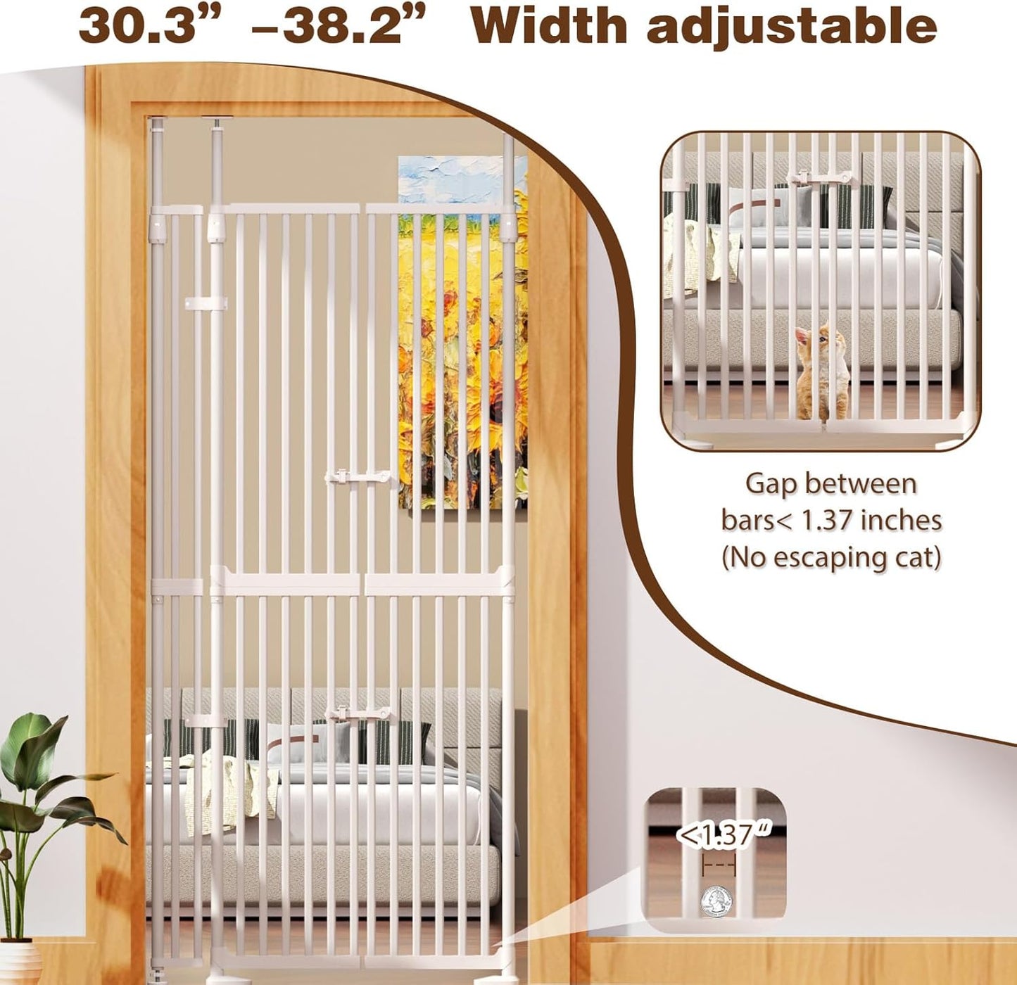 Glaf 74" Extra Tall Cat Gat, 30.31-38.19" Wide Adjustable Cat Door Pressure Mounted Pet Gate with Extra Narrow Gap Auto Close Dog Safety Gate for Doorways, Kitchen,Stairs