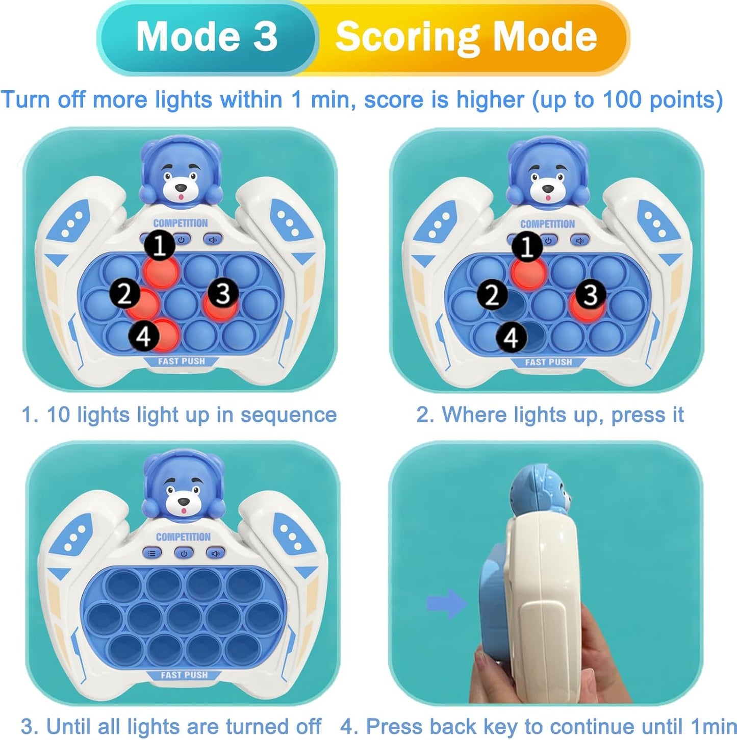 Pop Quick Push Game Console Fidget Toys Light Up Handheld Puzzle Press Popping Toy for Kids Adult Blue Bear