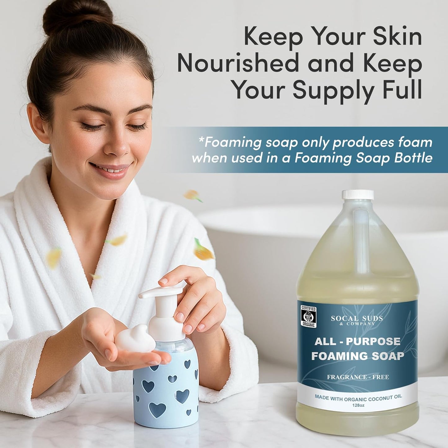 SoCal Suds & Company 128oz Certified Organic Foaming Hand & Body Wash - Gentle Natural Body,Baby & Face Wash for Sensitive Skin, Moisturizing All-Purpose Foaming Soap & More - Fragrance Free