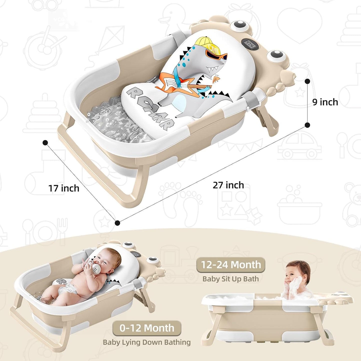 Collapsible Baby Bathtub for Infants to Toddler with Real-time Temp Monitor+Floating Cushion,Foldable Baby Bath Tub Set Applicable 0-36 Month,Portable Travel Baby Tub for Newborns Boy (Beige)