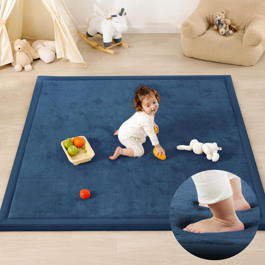 Ultra Soft Baby Play Mat,1.3" Thick Elasti-Foam Tummy Time Mat for Infants,Toddlers,Kids,Water-Repellent Coral Fleece Nursery Rug,Non-Slip Safe for Crawling&Hardwood Floors(Royal Blue)
